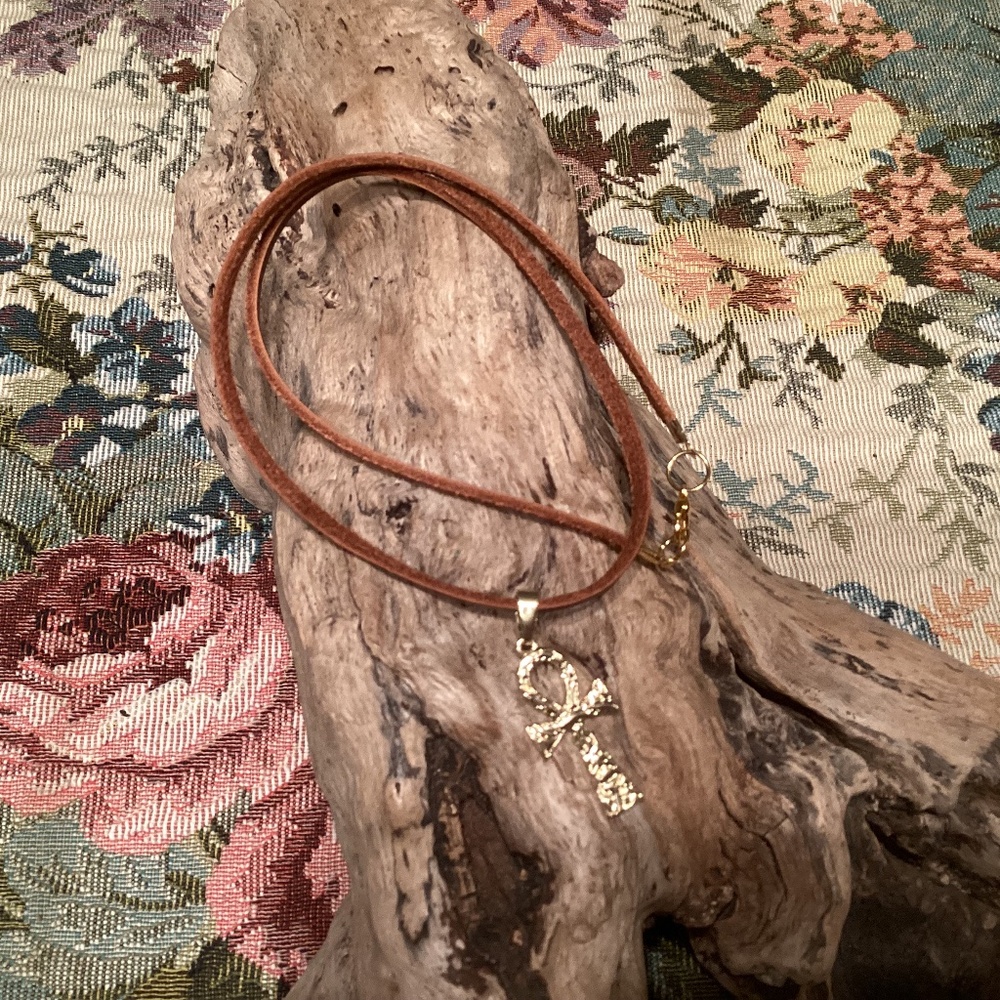 Gold Textured Egyptian Ankh Cross On Brown Leather Cord 18”